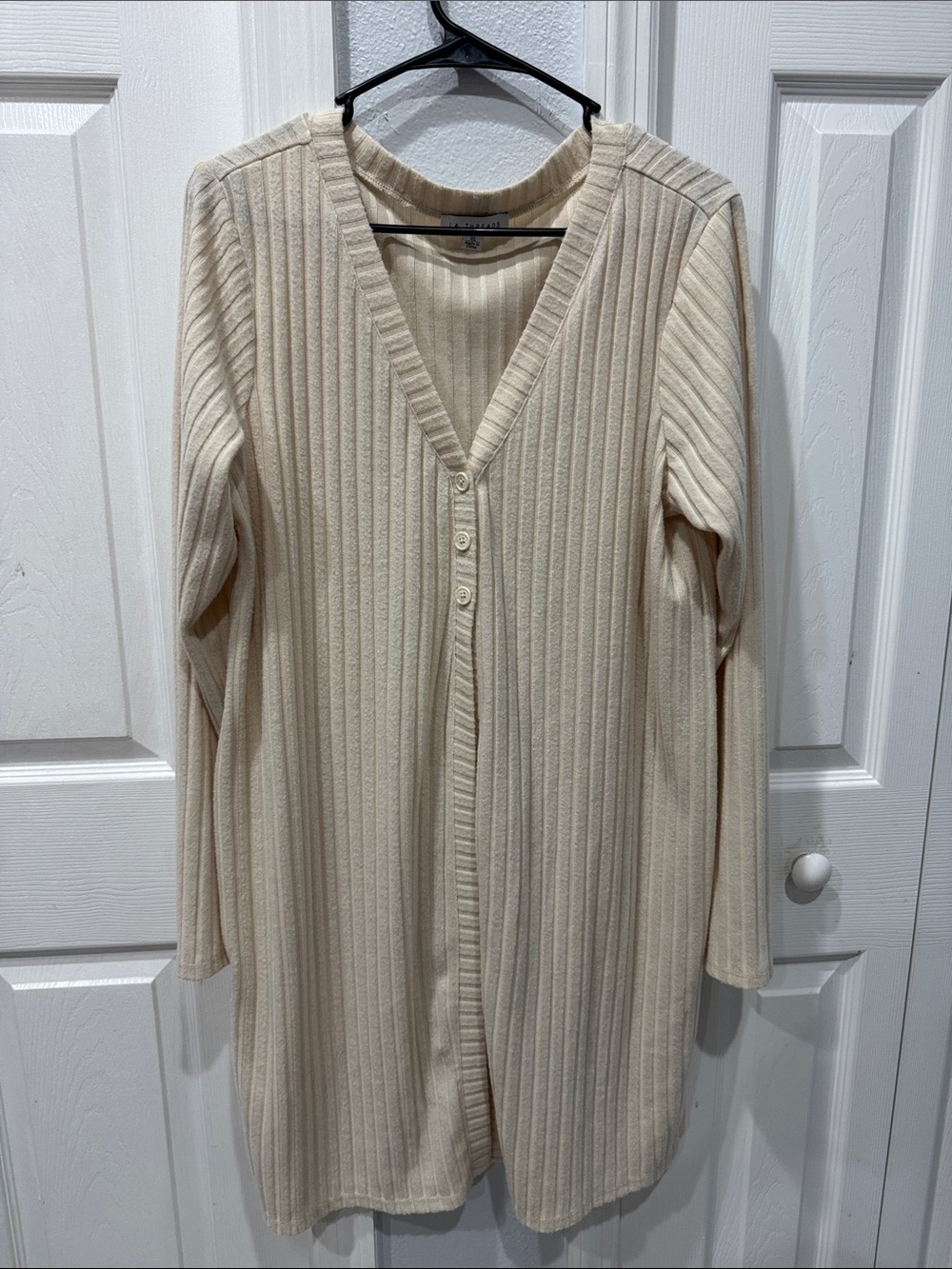Eileen Fisher Cream Ribbed Long V-Neck Cardigan